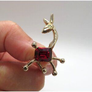 Vintage Reindeer Brooch Gold Red Rhinestone Body Holiday Christmas